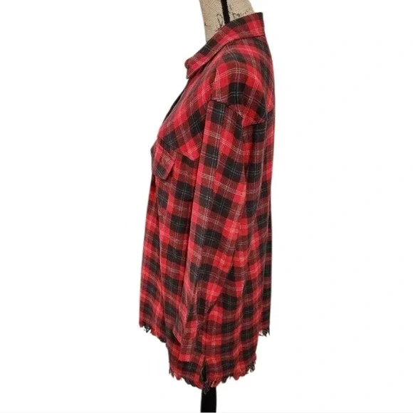 Umgee red plaid fringed button down tunic dress shirt size medium - Picture 5 of 8